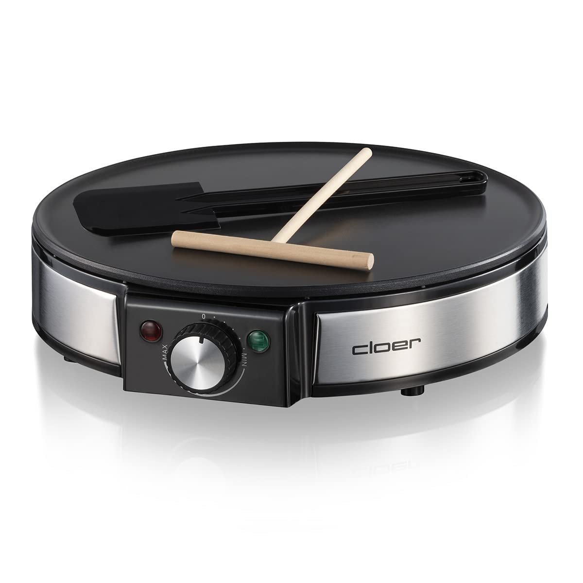 Cloer 6630 Naleśnikarka na słodkie lub słone naleśniki o średnicy 30 cm Ø, 1200 W, Powłoka nieprzywierająca, w zestawie Crêpes Turner i Rozrzutnik ciasta, czarny