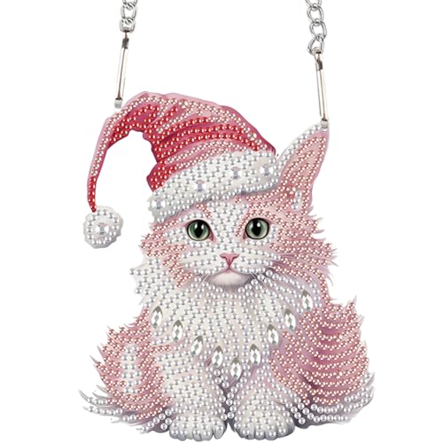 Image of DIY 5D Diamond Painting Hanging Ornament Christmas Cat Design, Crystal Rhinestone Diamond Art Pendant, Handmade Suncatcher for Home, Wall, Window, and Holiday Gift
