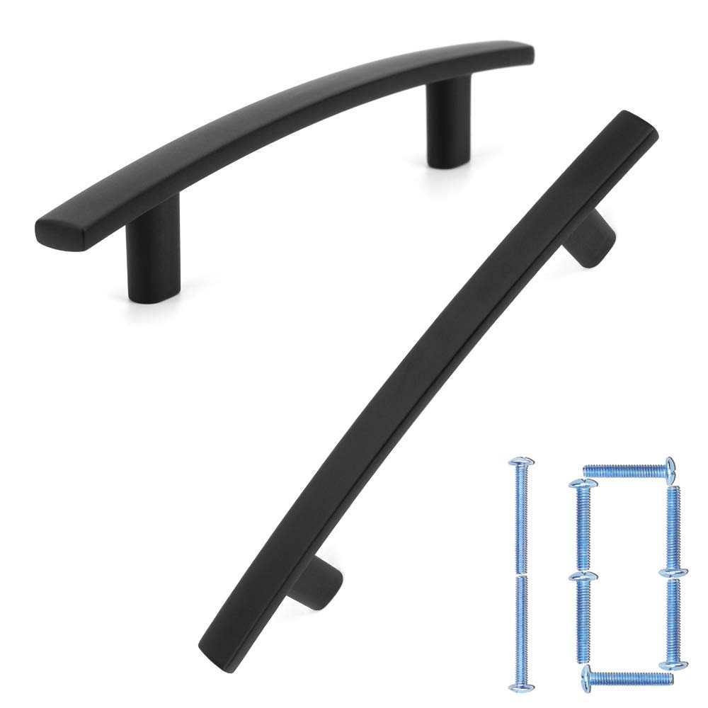 KOOFIZO Paquete de 10 tiradores negros de 3-3/4 pulgadas, color negro mate, accesorios para gabinetes de cocina, cajones de 1961, aparador, dormitorio | Metal sólido, resistente, cómodo, accesorios curvados, tiradores de armario de cocina, para tocador, d