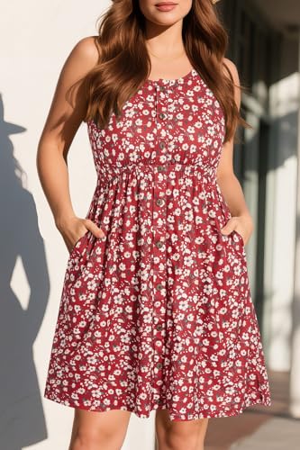 Image of Pinup Fashion Plus Size Summer Sun Casual Tank Pocket A-Line Short Dress | Knit, round neck, sleeveless tank top, empire waist, button details, swing short dress, suitable for summer, vacation, casual