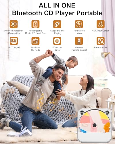 Image of Portable CD Player Bluetooth Rechargeable, Mini Desktop for Home with HiFi Speaker, Cute CD Player Remote Control, Supports CD /FM Radio /USB, Cream