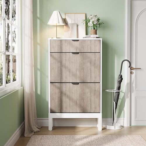 GarveeHome Shoe Storage Cabinet with 2 Flip Drawers, Farmhouse Fluted Shoe Organizer with Metal Legs, Freestanding Hidden Slim Narrow Shoe Rack for Entryway, Foyer, Hallway