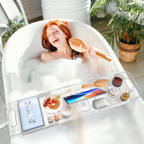 Expandable-Bathtub-Tray-Caddy-AZ-MIFENO-Clear-Acrylic-Bath-Tray-for-Tub-for-Bath-Relaxing-Foldable-Bath-Table-Trays-Luxury-Spa-Bathtub-Bathroom-Accessories-for-Women-Gift-Clear