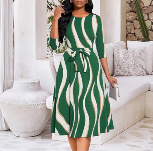 Image of Casual Dresses for Women Midi Church A-Line Fit and Flare Dress Crewneck 3 /4 Sleeve Party Dress