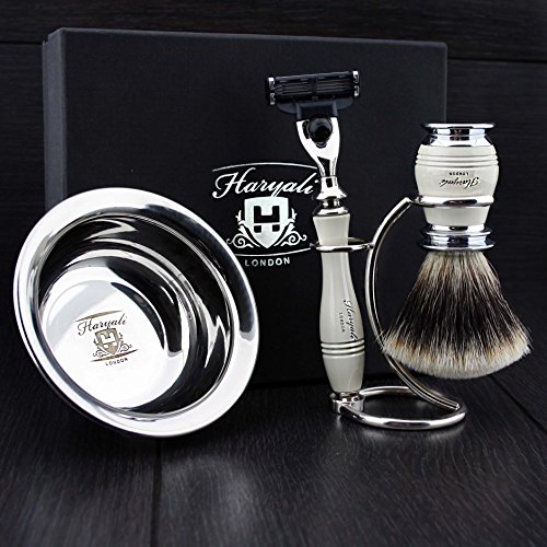 Haryali London Men's Shaving Set in Ivory Color with 3 Edge Razor, Sliver Tip Badger Hair Brush, Stand and Stainless Steel Bowl Perfect Kit for Him