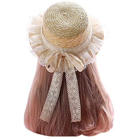 Damen Sommer-Strohhut Lolita Spitze Schleife breite Krempe Strohhut Urlaub Strand Hüte Gr. kind Cover