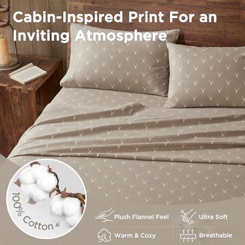 Image of Woolrich Cotton Sheet Set Cottage Charms Print, 100% Cotton Flannel Sheets Warm & Fuzzy Bedding Set Twin Size Sheets, Fitted Pocket Fits Up to 14 inch Mattress, Twin Stag Head 3 Piece