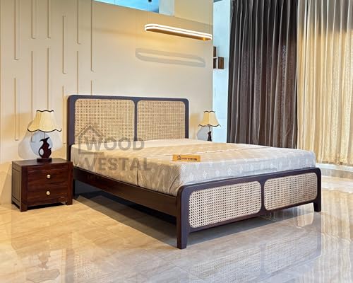 Image of Wood Vestal Sheesham Wood Bed with Cane Rattan Headboard & Footboard, Solid Wood in Walnut Finish, Modern Design | Queen Size - (78 inchx60 inch) | Without Mattress & Side Tables | Low Highted | CN - 5' - D