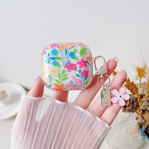 Image of MINSCOSE for AirPods 4 Clear Case,Cute Colorful Flowers Pattern Design with Girly Floral Keychain,Soft Silicone Protective Shockproof Cover with Cleaner Kit for Girls Women-Colorful