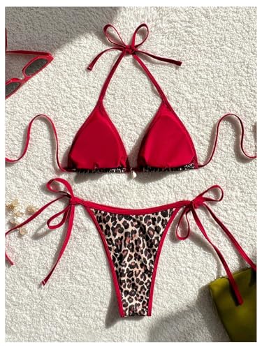 WDIRARA Women's Leopard Print Bikini Set Triangle Halter String Swimsuit Two Piece Bathing Suit2