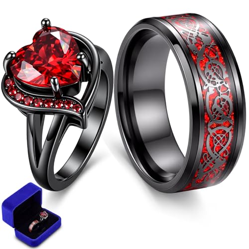 Huwena 2 Pcs Matching Ring for Couple Stainless Steel Couples Rings Set Matching Gothic Ring for Him and Her Red Heart Cubic Zirconia Engagement Wedding Rings(Women Size 7 Men Size 10)