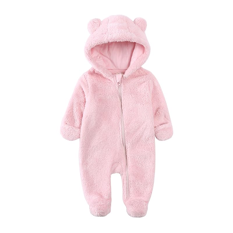 IADOER Baby Newborn Snowsuit Fleece Footie Winter One-Piece Suit Cartoon Bear Warm Hooded Jumpsuit Outwear Outfits for Girls Boys(Light Pink,6M)