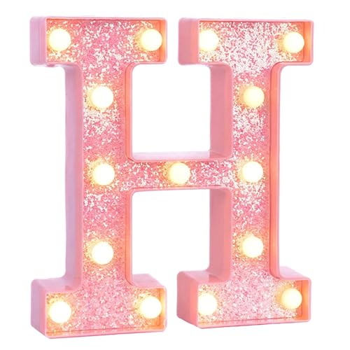 Image of Pink Marquee Light Up Letters, Glitter Alphabet LED Letter Lights for Pink Birthday Party Decorations, Battery Operated Letter Sign for Girls Room Vanity Table Decor, Warm White Lights Letter H