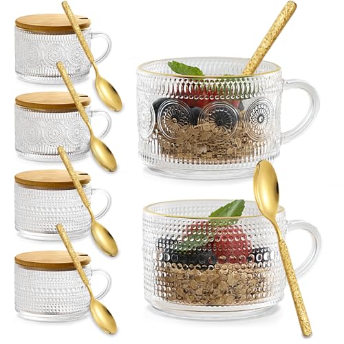 Today's Present 4pcs Vintage Glass Coffee Mugs Gifts for Women, Overnight Oats Containers With Bamboo Lids and Spoons, 14oz Clear Embossed Drinking Glass Cups, Iced Coffee Glasses, Tea Cups by Today's Present - Used condition - US$22.08