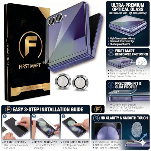 Image of FIRST MART Tempered Glass for Samsung Galaxy Z Flip 7 5G with Silver Camera Ring Guard & Installation Kit | HD Clear Edge-to-Edge Screen Protector, Scratch Resistant, Case-Friendly | Pack of 1