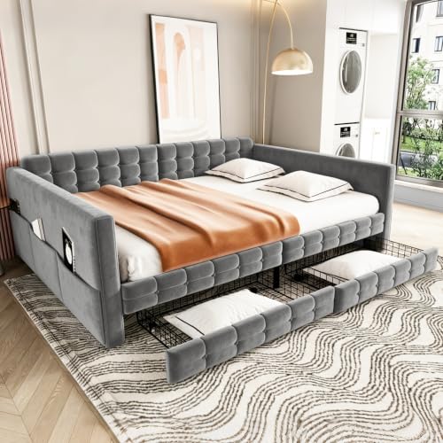 Sofá cama 140x190 cm tapizado en cuadros clásicos con cajones deslizantes y estantes Idemon 2