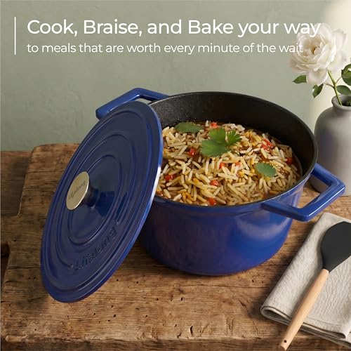 Image of Lifelong Enamel Cast Iron Casserole with Lid (3.8L, 24cm) | Oven, Gas & Induction Compatible | Slow Cooking, Even Heat Distribution, Nontoxic, Durable, Naturally Nonstick, No Stains or Scratch (Blue)