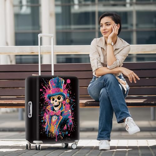 Image of Colorful Skeleton in Top Hat Luggage Cover - Abstract Skull Design Suitcase Protector for 24-26 Inch Luggage,M