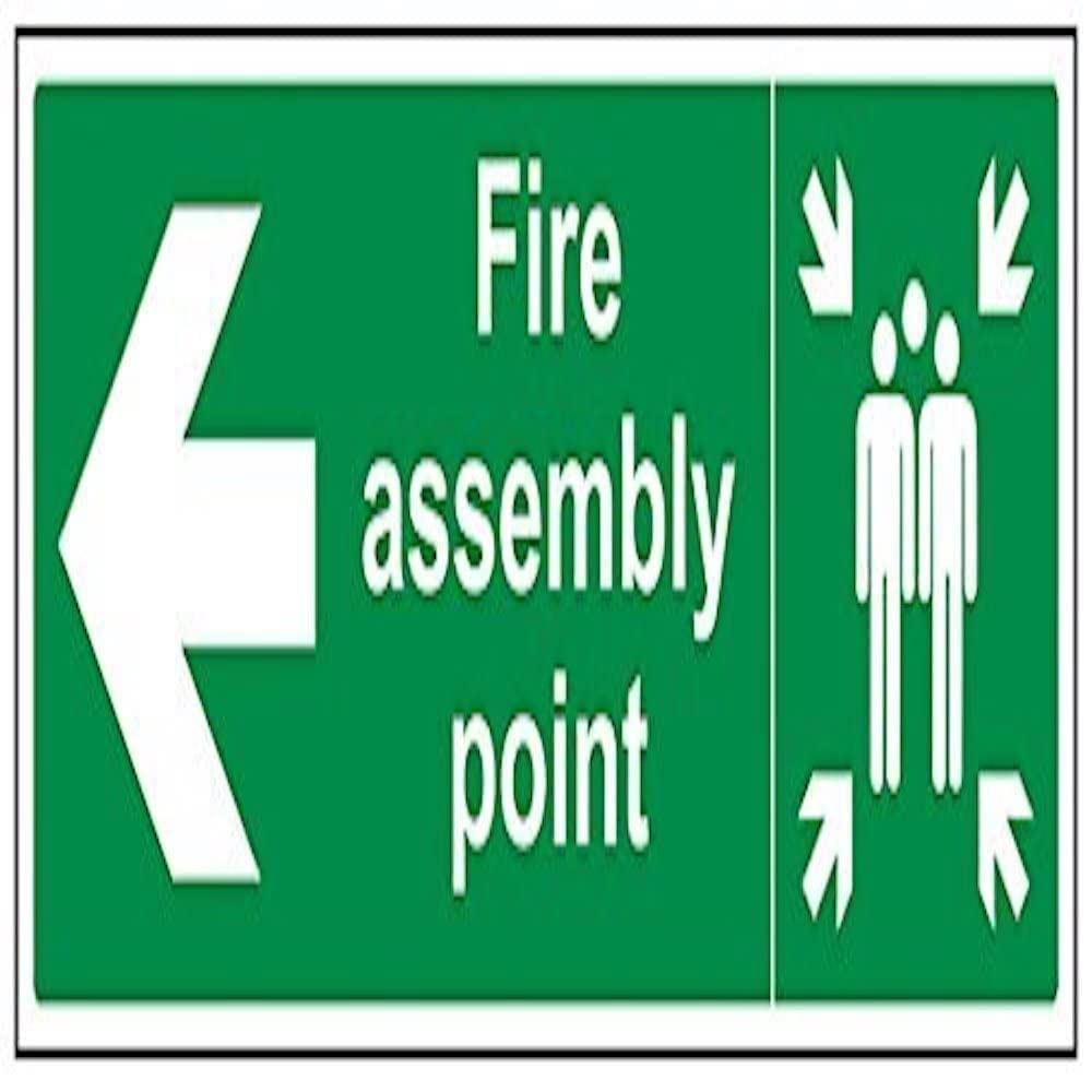 V Safety 17021BJ-S Fire Assembly Point Arrow Left Sign - Landscape - 450mm x 150mm - Self Adhesive Vinyl, Green