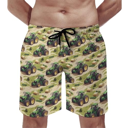 Hawaiian Shorts for Men - Pastoral Green Tractor Print Quick Dry Mens Swim Trunks Bathing Suits with Mesh Lining