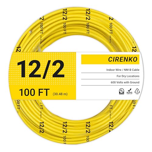 CIRENKO 12/2 NM-B Cable 100 FT UL Listed Residential Indoor Electrical Wire with Ground Solid Bare Copper 600V (Yellow Jacket)