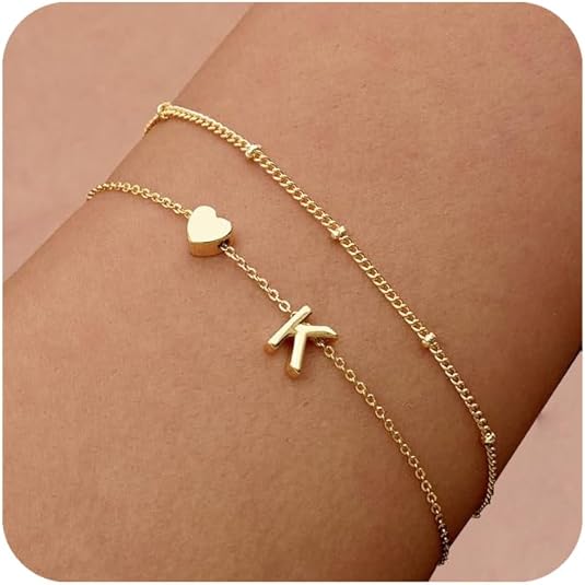 DEARMAY Dainty Initial Heart Gold Bracelets for Women Trendy, 14K Real Gold Letter Charm Bracelet Jewelry Cute Simple Fashion Chain Bracelets for Women Gift
