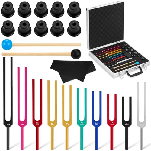 Fiada Tuning Fork Set Chakra Tuning Fork Multiple Hz Tuning Forks for Healing with Aluminum Box, Tuning Fork Hammer and Cleaning Cloth for Sound Yoga Meditation(174 Hz-963 Hz)