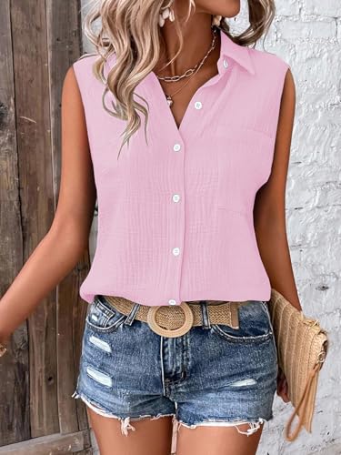 Image of GLASGO Women's 100% Cotton Sleeveless Button Down Shirt | Casual Summer Collared Tank Top | Soft Breathable Fabric Stylish Piece
