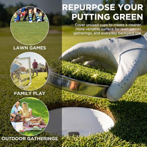 Image of KINGTOP Stainless Steel Golf Hole Cup Covers with Artificial Turf | 304 stainless steel base, artificial turf top, standard cup fit, foot-traffic resistance, multi-use practice putting greens