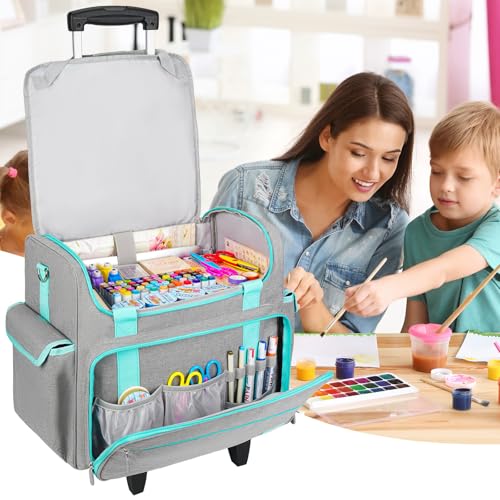 Image of Rolling Craft Bag, Craft Bag with Wheels for Scrapbook Supplies, Large Scrapbook Tote with 15.6'' Laptop Sleeve, Rolling Art Supply Storage for Scrapbooking Tools, Gray