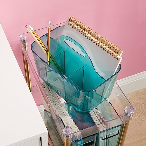 Image of mDesign Plastic Portable Craft Storage Organizer Caddy Tote, Divided Basket Bin w /Handle - Craft, Sewing, Art Supplies - Holds Brushes, Colored Pencils - Lumiere Collection - Dark Aqua Blue Tint