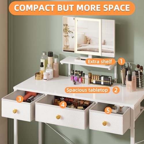 Image of HIGDBFE Small Makeup Vanity Desk 35''W with Mirror and Lights, 3 Drawers | USB Lighted Mirror, Height-Adjustable Stand, Fabric Drawers, Girls /Kids Gifts, Bedroom, Small Space, Dorm, White