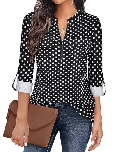 Gemulate Ladies Tops Black White Dot Shirt for Women Zip Up Plaid Tunic Blouse 3 Quarter Sleeve Shirt for Women Floral Printed Shirts Long Tops to Wear with Leggings - Black White Dot, L