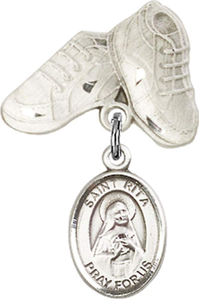 Jewels Obsession Baby Badge with St. Rita of Cascia Charm and Baby Boots Pin | Sterling Silver Baby Badge with St. Rita of Cascia Charm and Baby Boots Pin - Made In USA