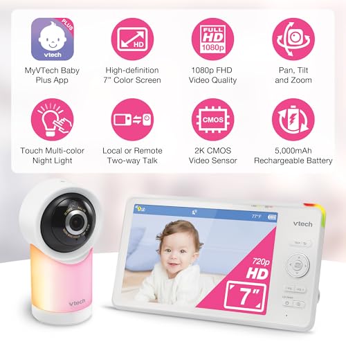 VTech Smart WiFi 7” HD Display Video Baby Monitor, 1080p HD Camera via App, Pan-Tilt-Zoom, Night Light, 2-Way Talk, 2K CMOS Video Sensor, Wide-Angle Viewing, Rechargeable Battery, Free App: RM7866HD - image 2