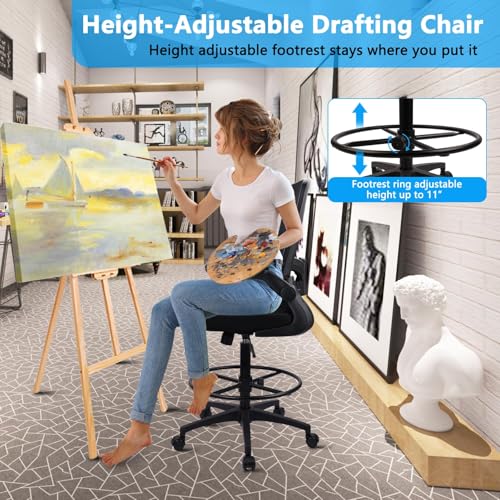 Image of CLATINA Drafting Chair Tall Office Chair with Flip-up Arms, Mid Back Executive Chair with Adjustable Lumbar Support and Footrest, Ergonomic Mesh Computer Standing Desk Chair for Home, Studio, Black