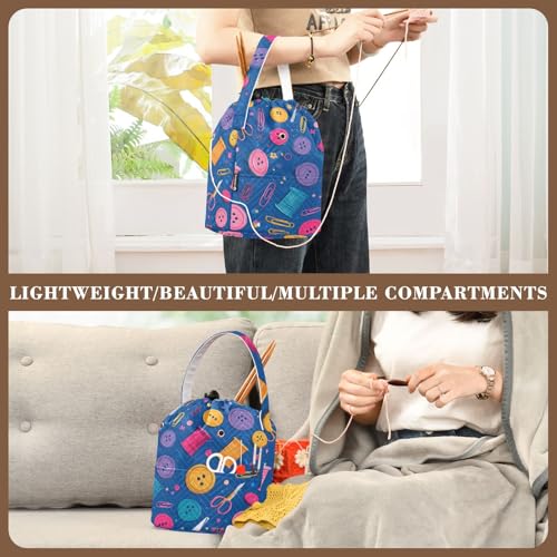 Image of ElliTarr Crochet Bag Yarn Bag with Handle Portable Knitting Project Bag Travel Yarn Storage Organizer Holder Case Blue Thread Buttons Clips Scissors