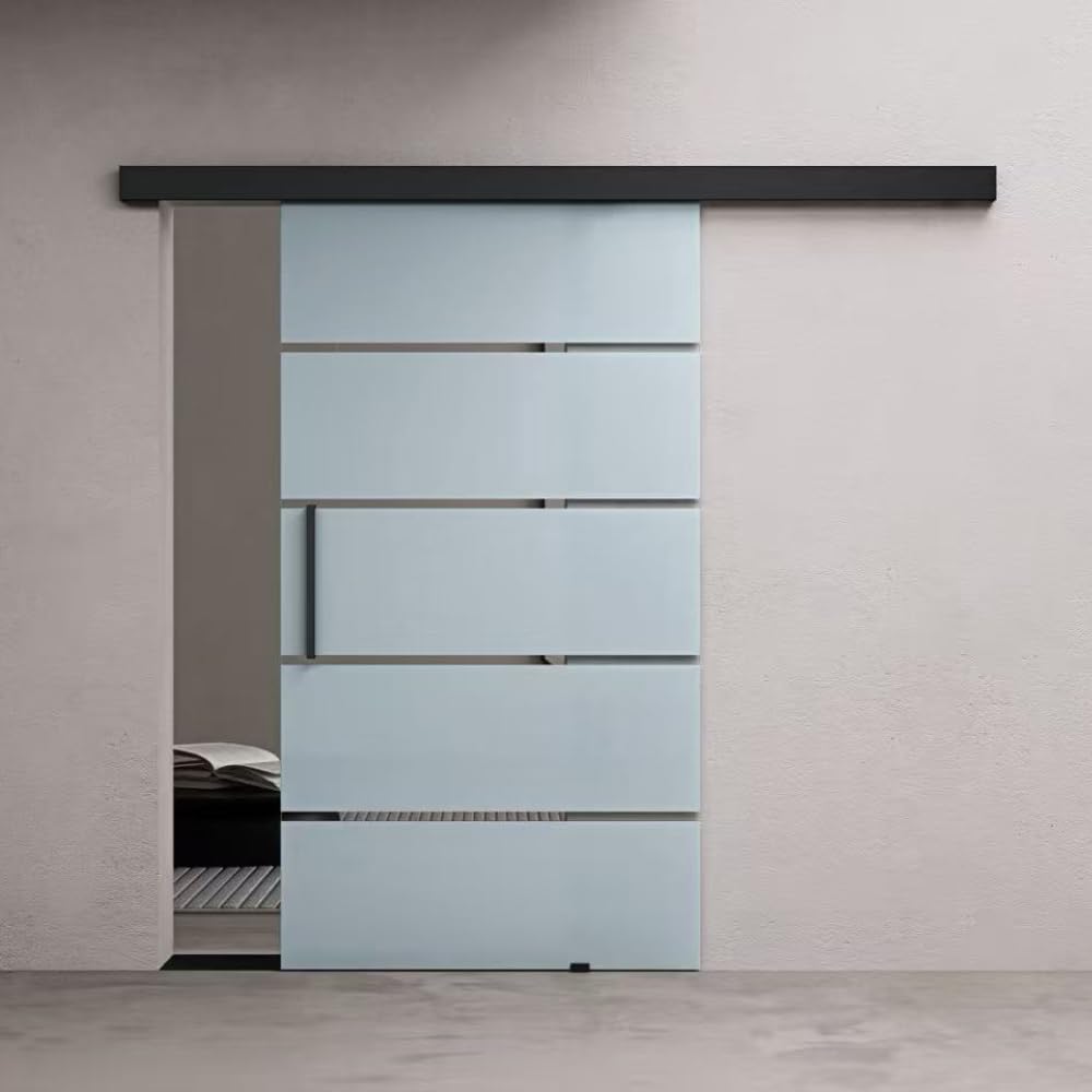 Durovin 900×2050mm Internal Sliding Glass Door–8mm Frosted Sectioned Tempered Glass, Soft Close System, Premium Black Hardware&Bar Handle, Heavy Duty 5ft Track-Bathroom, Kitchen, Living Room&Bedroom