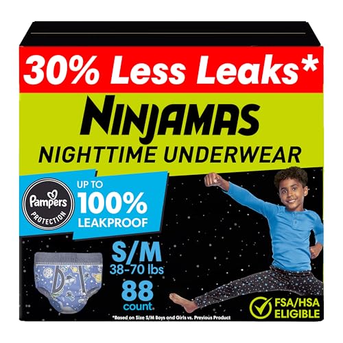 Ninjamas Boys Bedwetting Nighttime Underwear Size S/M (38-70 lbs) 88 Count Overnight Protection Ultra Absorbent Hypoallergenic