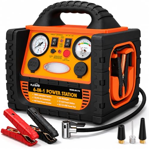 Portable Jump Starter with Air Compressor, FlyAuto 1800A Battery Booster