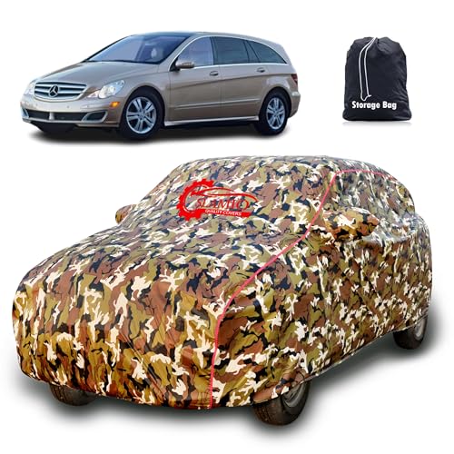 Image of Waterproof Car Body Cover for Mercedes R Class with Mirror Pocket, Soft Cotton Lining, Triple Stitched, Full Bottom Elastic (Heat Resistant Jungle Print with Red Piping)