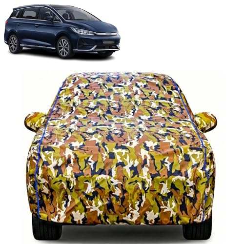 Image of Waterproof Car Body Cover for BYD eMAX 7 with Mirror Pocket| Cotton Inner Lining | Triple Stitched | All Weather Protection | Dust, UV & Rain Proof (Camouflage with Blue Piping)