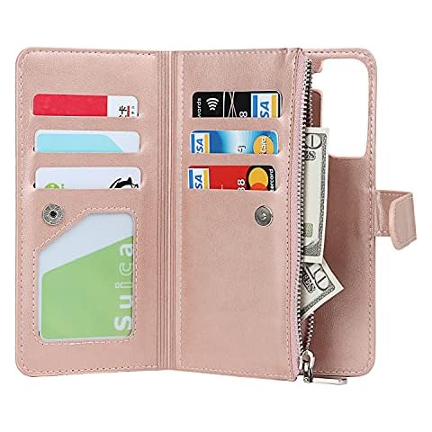Elteker Phone Case Compatible with Galaxy S21 Ultra,2 in 1 Detachable Wallet Case Premium Leather Card Holder Handstrap Case for Galaxy S21 Ultra-Rose Gold Cover