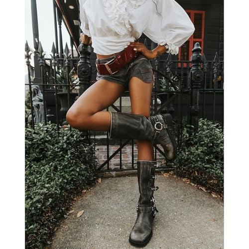 QIV Wide Calf Knee High Motorcycle Boots for Women – Chunky Heel Biker Riding Boots with Buckles & Rivets, Vintage Punk Style3
