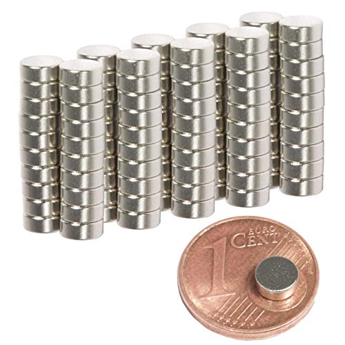 Lot de 100 aimants en néodyme N52 590 g – Cylindre magnétique 5 mm de diamètre x 2 mm – 5 x 2 mm