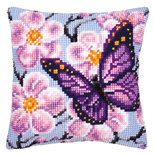 Kit coussin point de croix Papillon Mauve Vervaco 40x40 cm broderie adulte