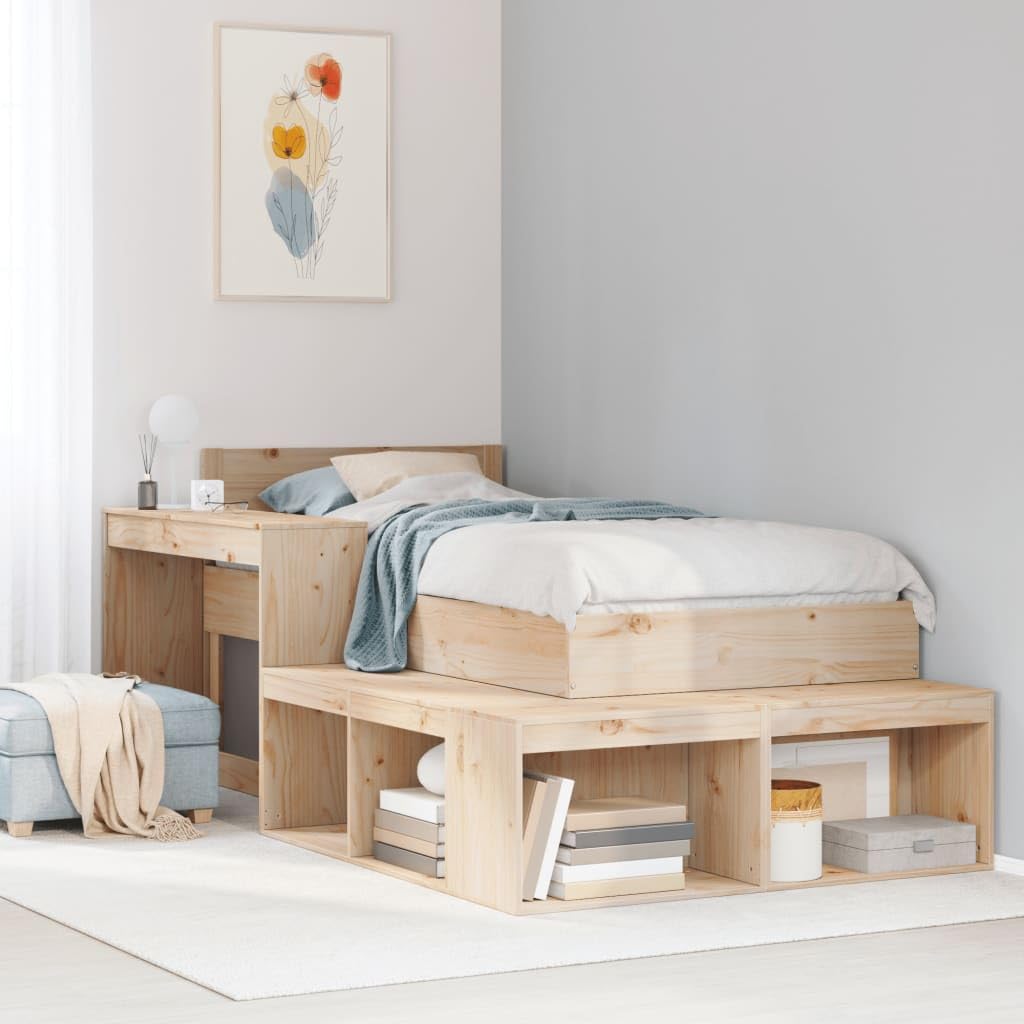 vidaXL Massivholzbett, Einzelbett Holzbett ohne Matratze, Bettgestell mit Lattenrost Kopfteil, Bett Nachttisch mit Schreibtisch, 90x200cm Kiefernholz