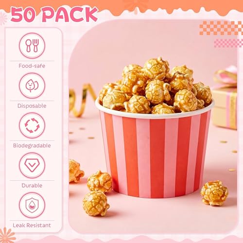 Image of Zopeal 50 Count Orange and Pink Striped Ice Cream Cups Paper Dessert Bowls | 9 oz Disposable Ice Cream Bowls, Birthday Party Supplies, Snack Cups Sundae Picnic Yogurt Bowls for Food