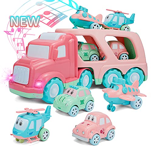 Cartoon Vehicles Playset Carrier Car Toy Set Truck Transport Car, Pink Toy for Girl Toddler Kid, with Light and Sound, Large Transport Truck, Small Helicopter, Airplane, Taxi, Car, 5 in 1 Playset