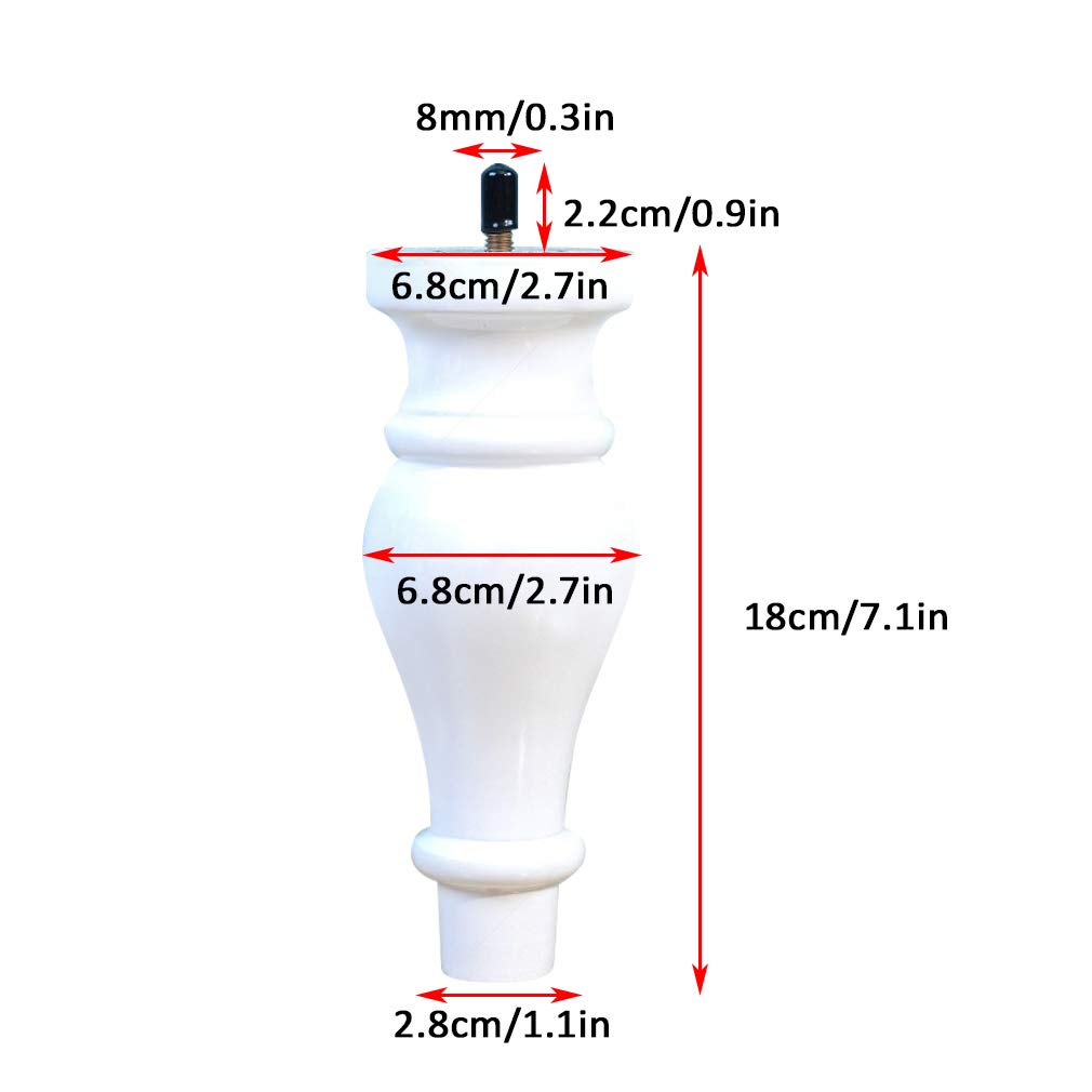 4 Gambe per Mobili in Legno Massello,Gamba Divano,Gambe per Tavolino,Piede per Armadio,Asta Filettata M8,per Comodino,Mobile TV,con Imbottitura Protettiva,Bianco (18cm/7.1in)